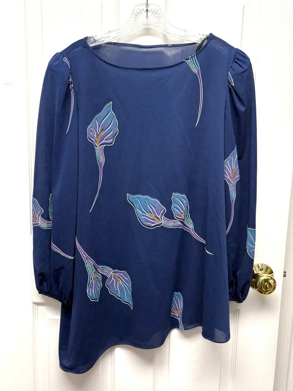 Vintage Navy Blue Calla Lily Blouse Hand Crafted Unique Asymmetrical Hem Size 12